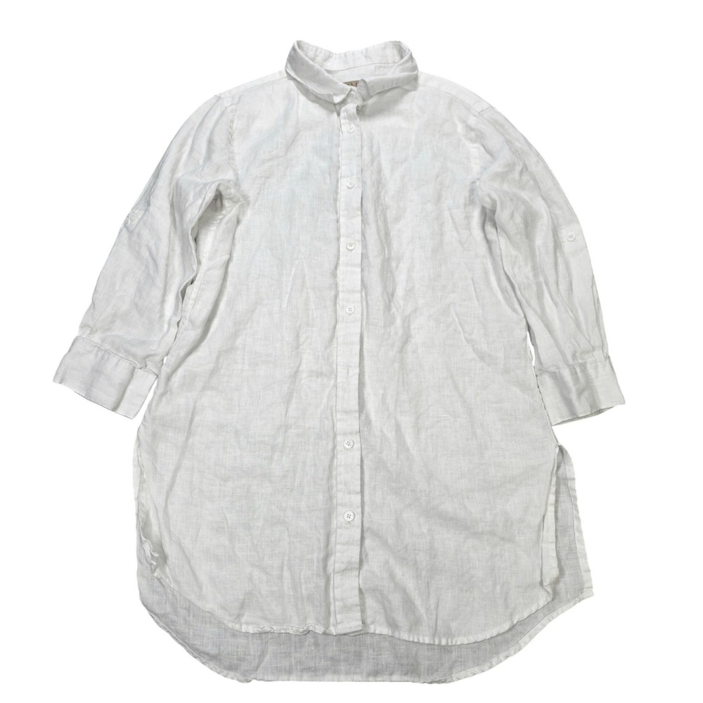 Camixa 100% Linen Tunic Shirt Women's Size M White 3/4 Sleeve Longline Button Up